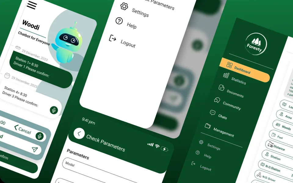 Foresty app and WoodiBot screens