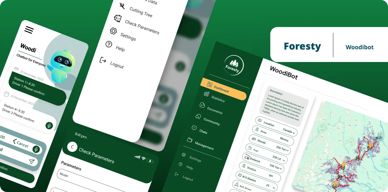 Foresty app and WoodiBot screens
