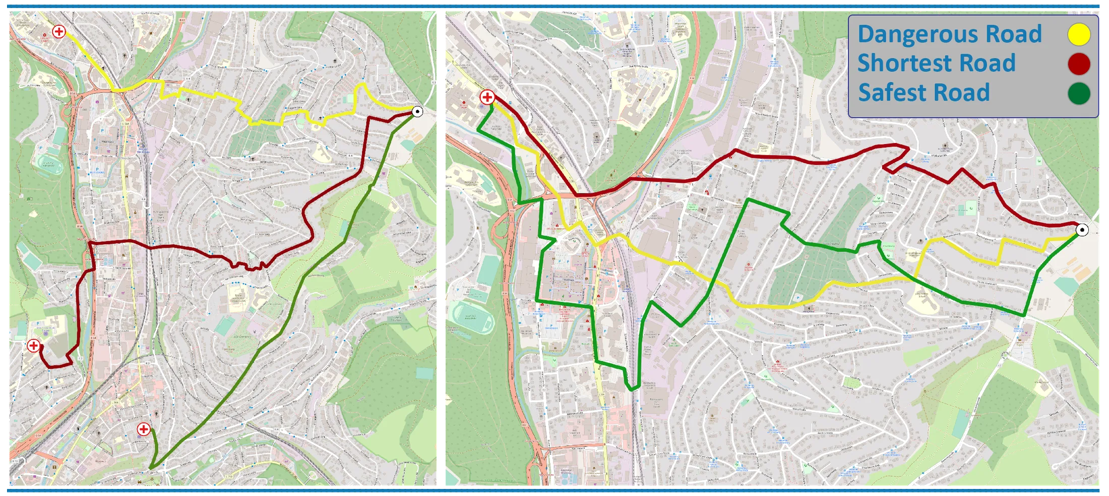 We edited three routes in Google Maps to ask our participants which path they would choose. Green is the safest.