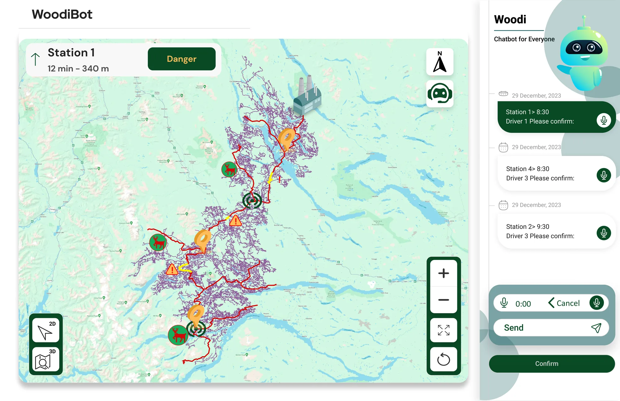 WoodiBot 2D route map with the Woodi chat panel