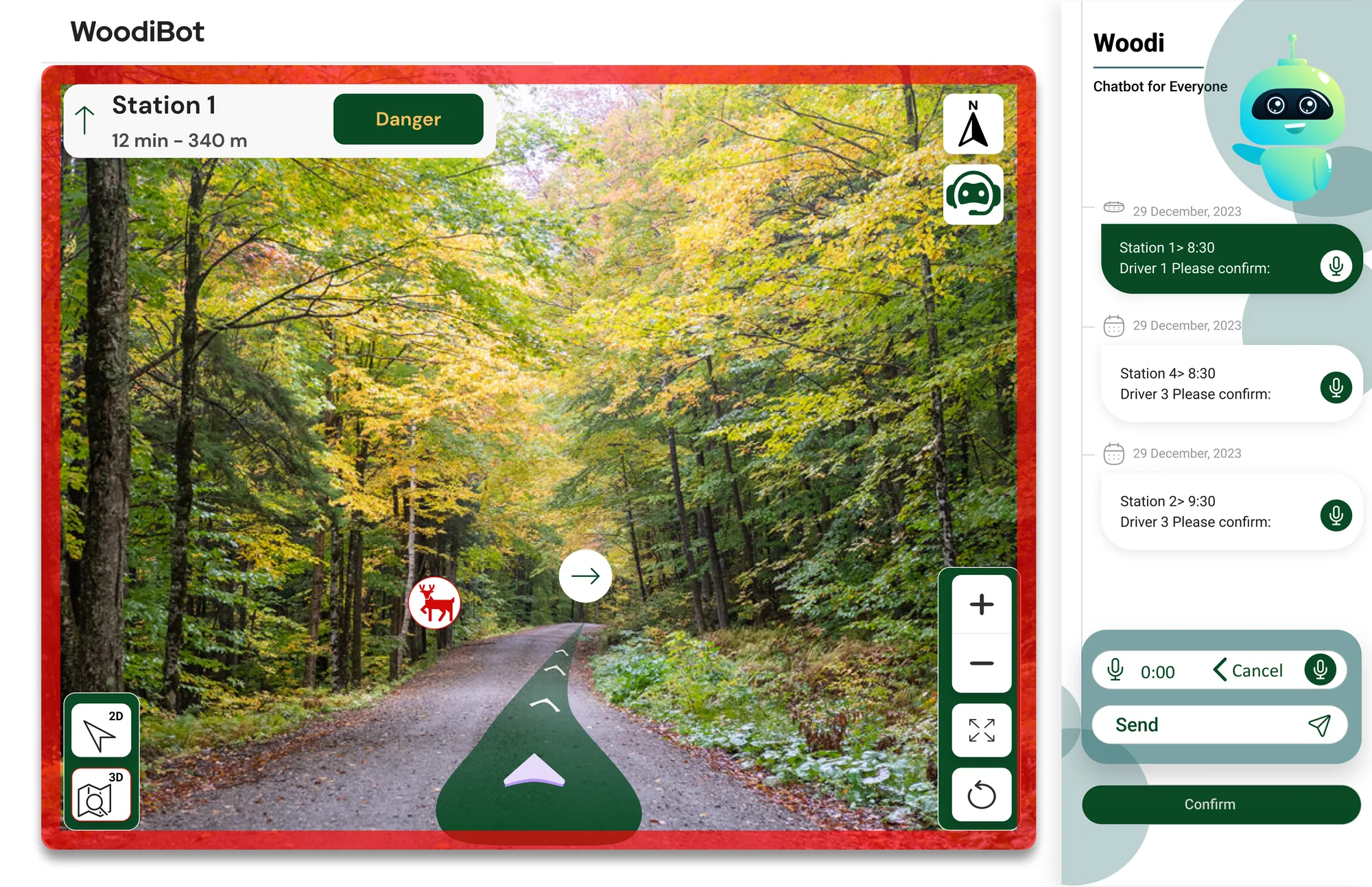 WoodiBot 3D navigation with the Woodi chat panel