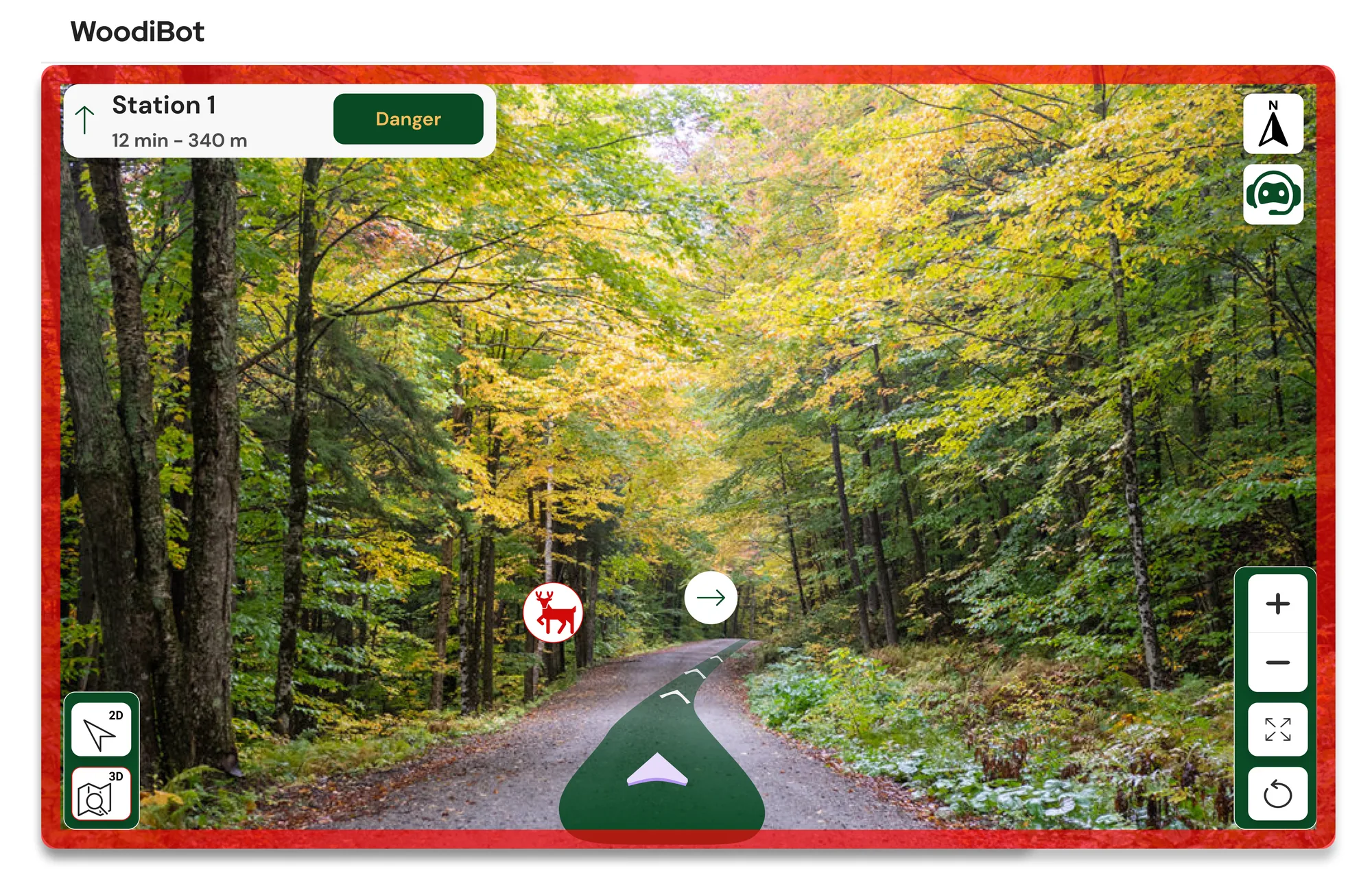 WoodiBot navigation in 3D forest view with a wildlife danger alert