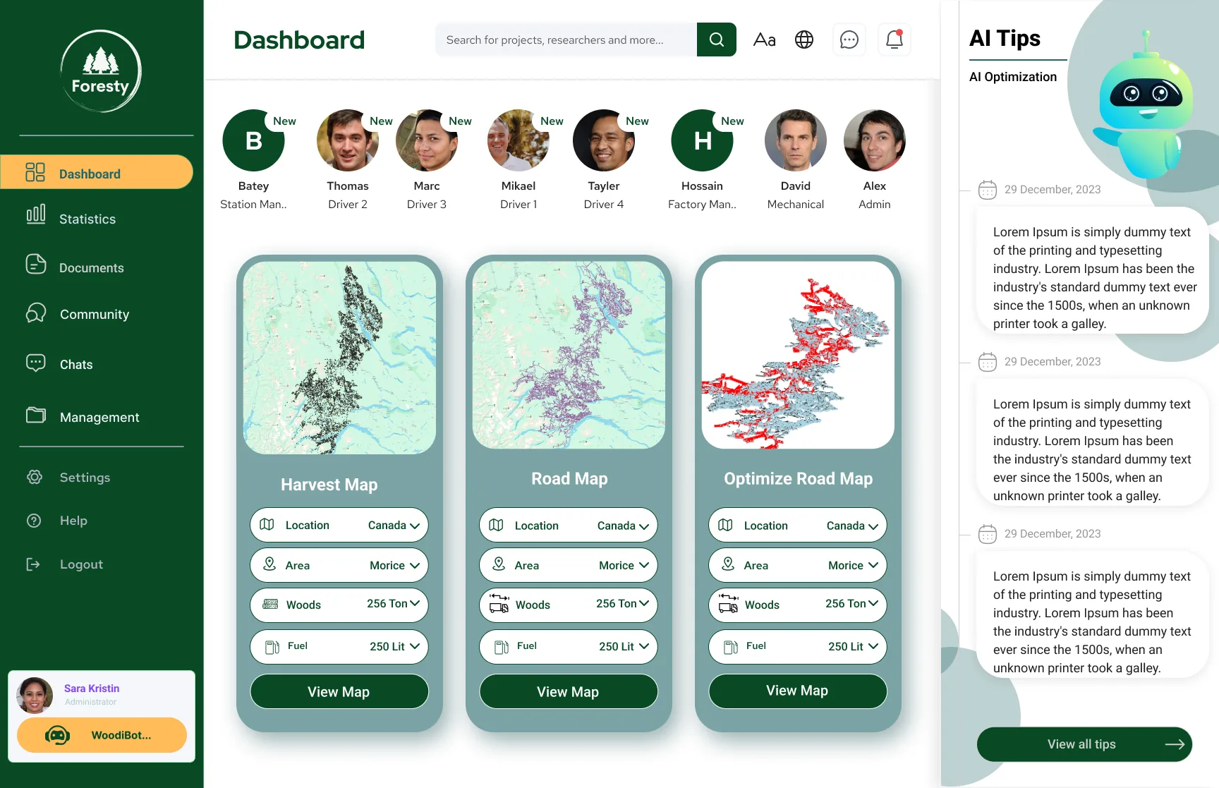 Dashboard with team members, Harvest, Road and Optimize Road Map cards, and AI Tips