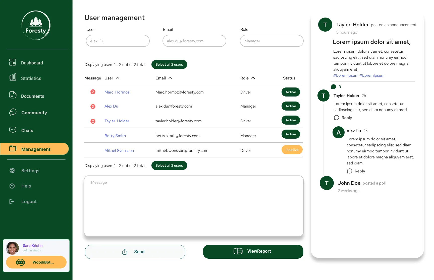 User management with announcements