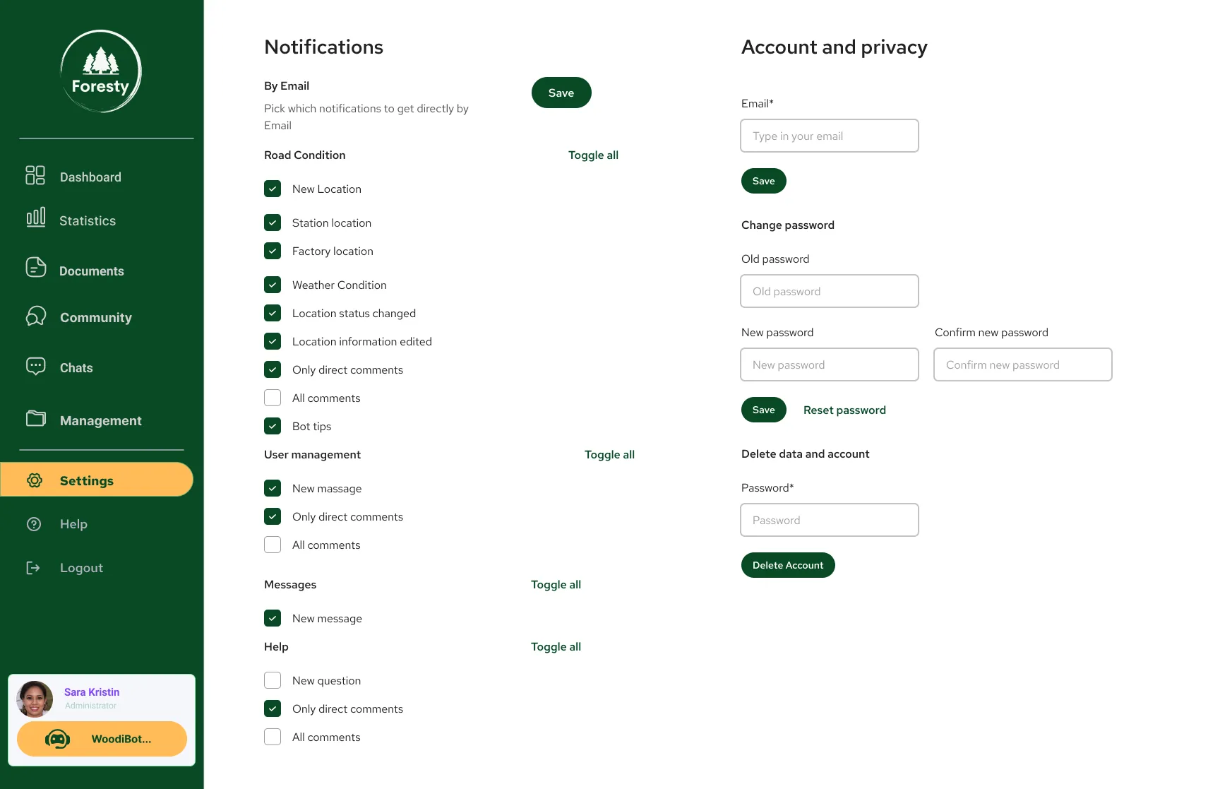 Settings: notifications, account and privacy