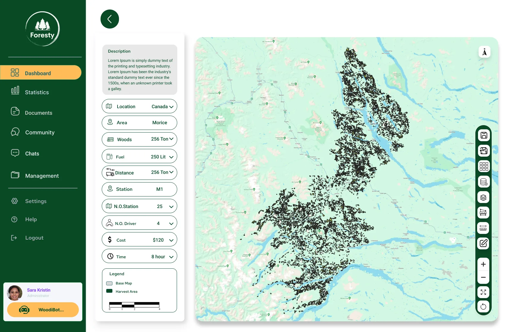 Harvest map with parameters and legend