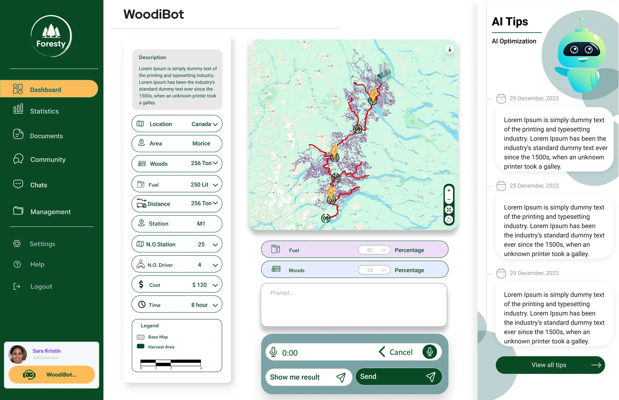 WoodiBot route planning with fuel and woods settings, prompt and voice input