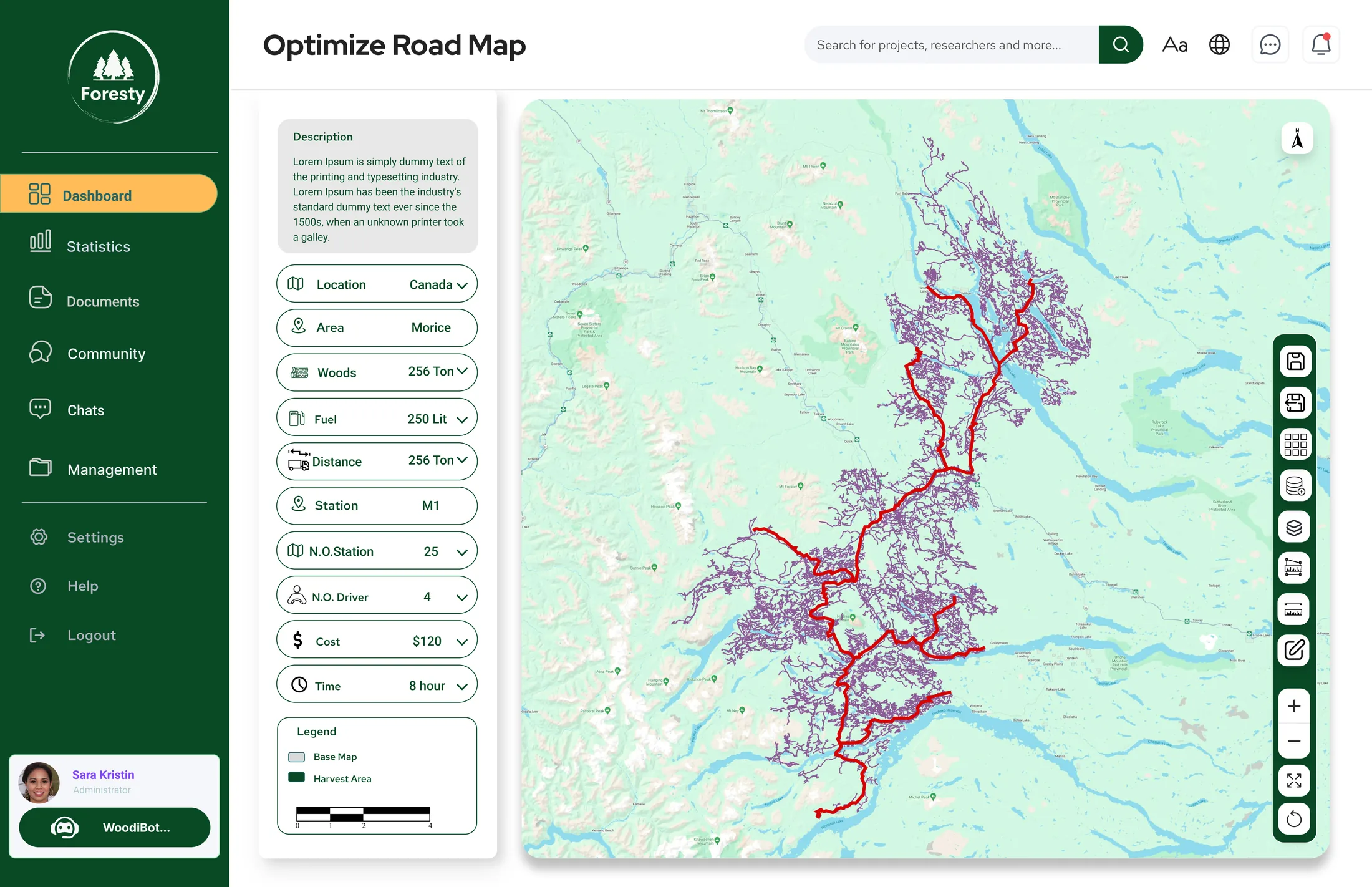 Optimize Road Map screen with the optimized route over the road network