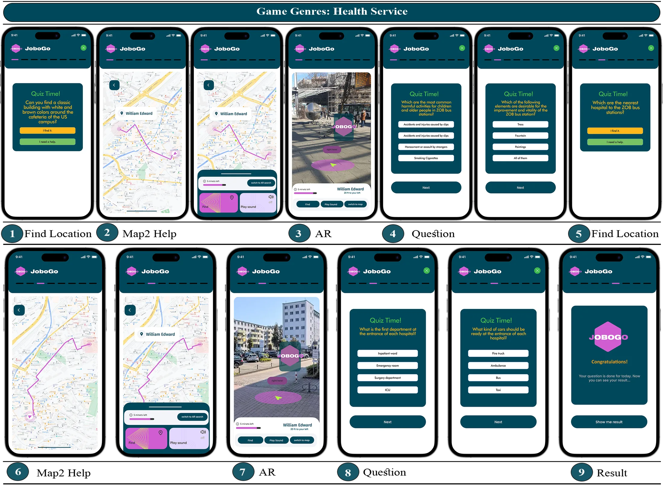 Health Service category gameplay: Hospital location finding → Health-related questions → AR card discovery